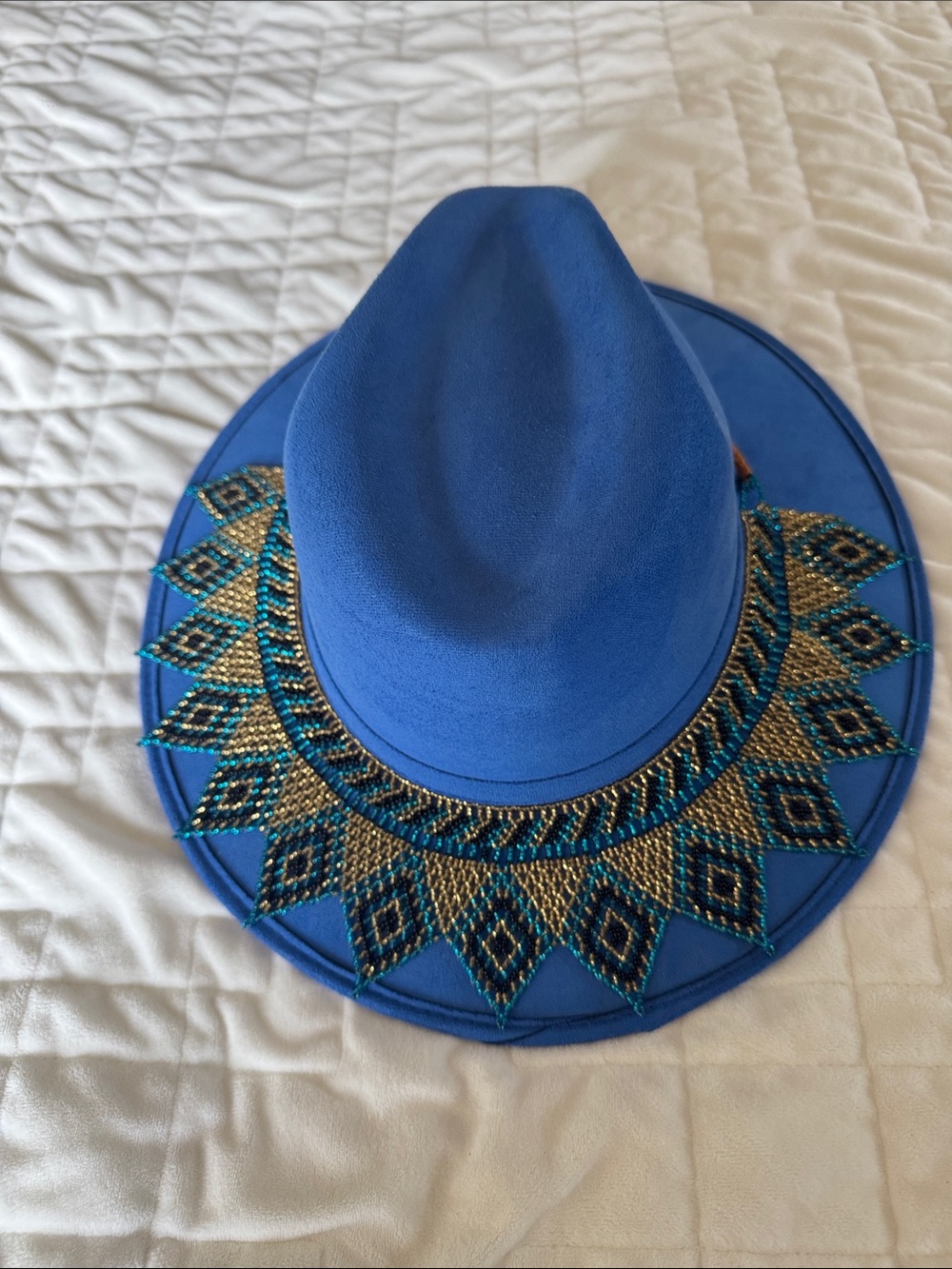 Blue Embellished Beaded Fedora Hat